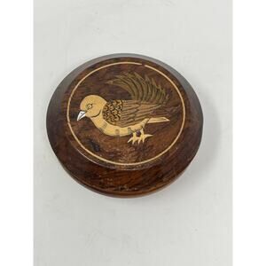 Vintage Handmade Round Wood Bird Trinket Miniature Jewelry Box